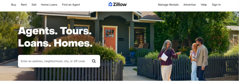 The front page of the Zillow website, summarizing some of the services it offers